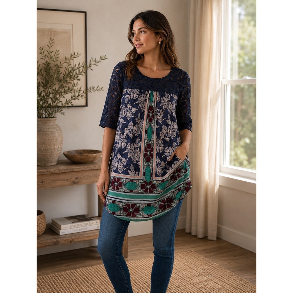 Akemi + Kin Tunic Top Womens XS Blue Boho Lace Floral Anthropologie
